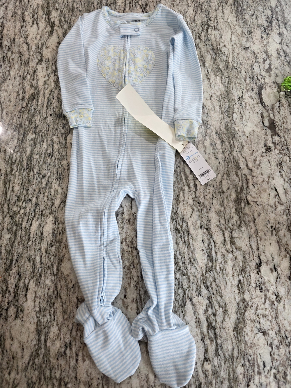 Carter's Light Blue & White Striped Heart Footed One-Piece 18 Months